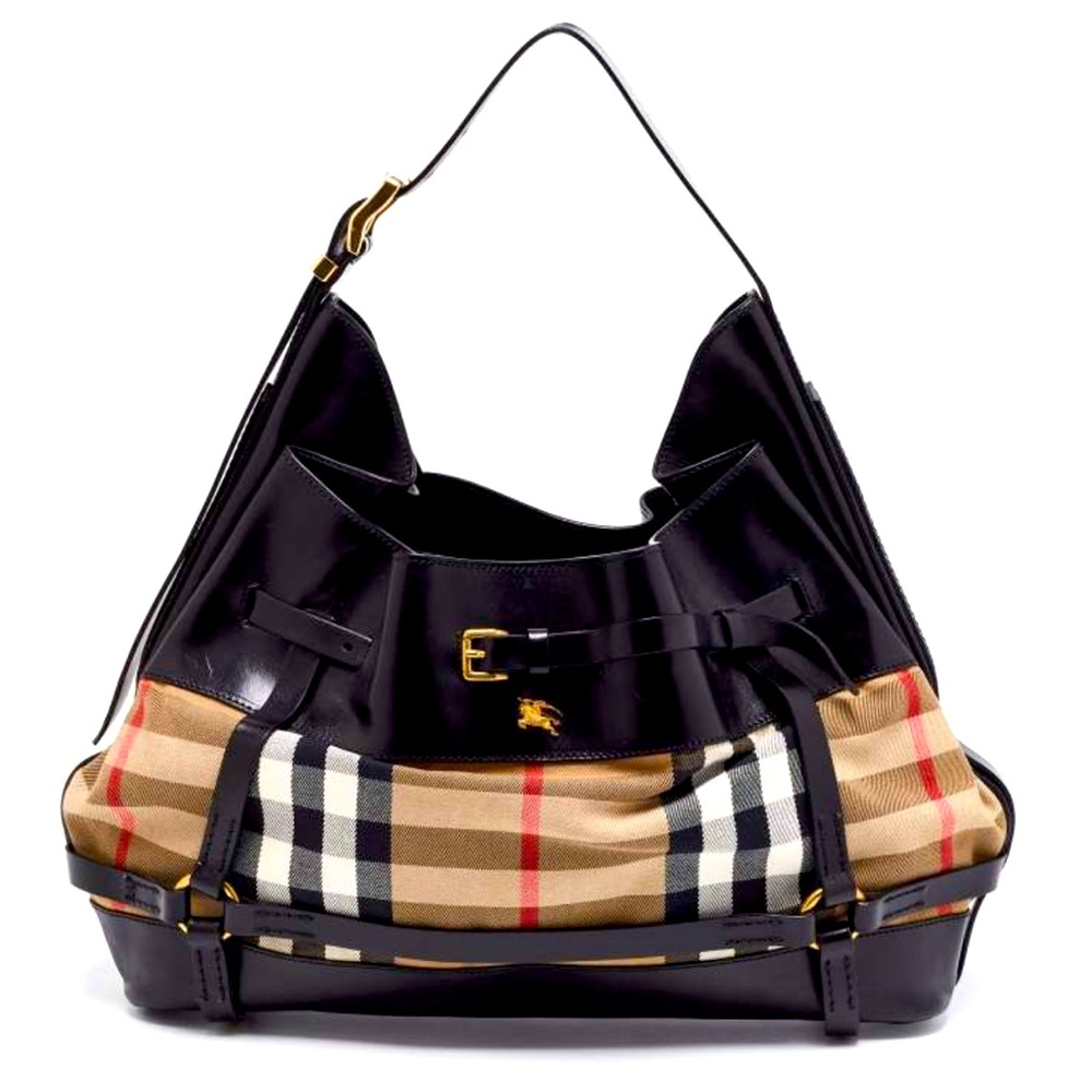 Burberry Black/Beige House Check Canvas and Leather Bridle Hobo